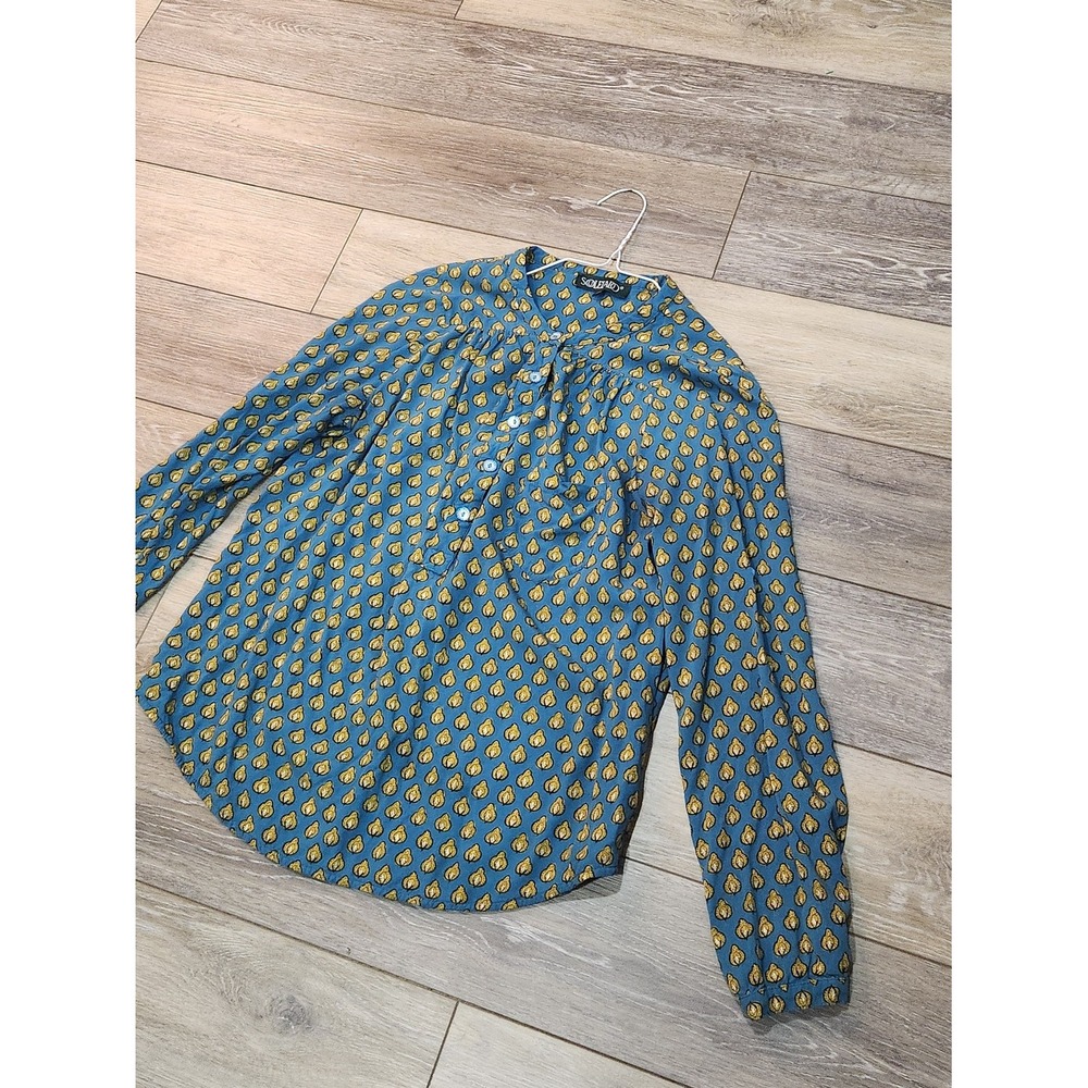 Souleiado Teardrop-Print Long Sleeve Blue Button-Front Blouse Size 42 Or Large